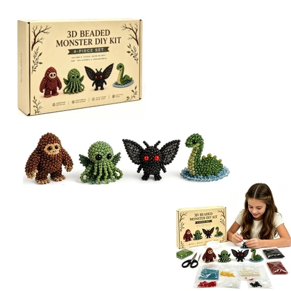 3D Beaded Monster DIY Kit, 4-Piece Animal Beadwork Craft Set for Beginners, Complete Handmade Ornament Supplies with Tools, for Craft Lovers & Home Decor