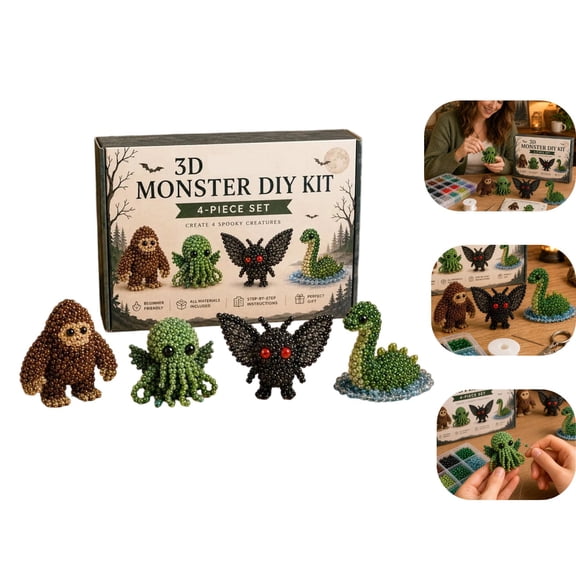 3D Beaded Monster DIY Kit 4-Piece, Tiny Spooky Creature Beading Craft Set, 3D Bead Animal Making Kit For Beginners Adults Teens, Stress Relief Creative Gifts