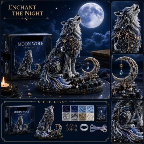3D Beaded Moon Wolf DIY Bead Art Kit, Enchanted Night Wolf Beading Craft Set for Beginners, Mystical Gothic Desktop Decor Ornament Perfect Gift for Wolf Lovers Adults