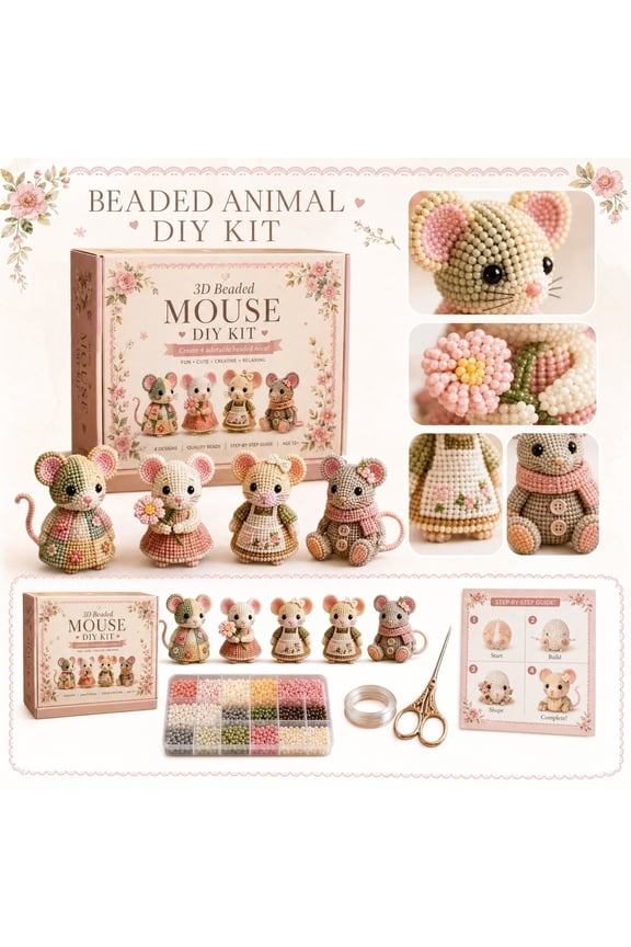 3D Beaded Mouse DIY Craft Kit, Complete Beading Supplies Set for 4 Cute Mouse Ornaments, Beginner Friendly Handmade Kit with Beads Thread Tools & Guide, Creative Home Decor & Gift