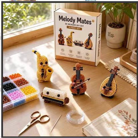 3D Beaded Musical Instrument DIY Kit, 4 Styles Saxophone Violin Lute Harmonica Bead Craft Set, Beginner Friendly Handmade Figurine Decor Gift for Music Lovers