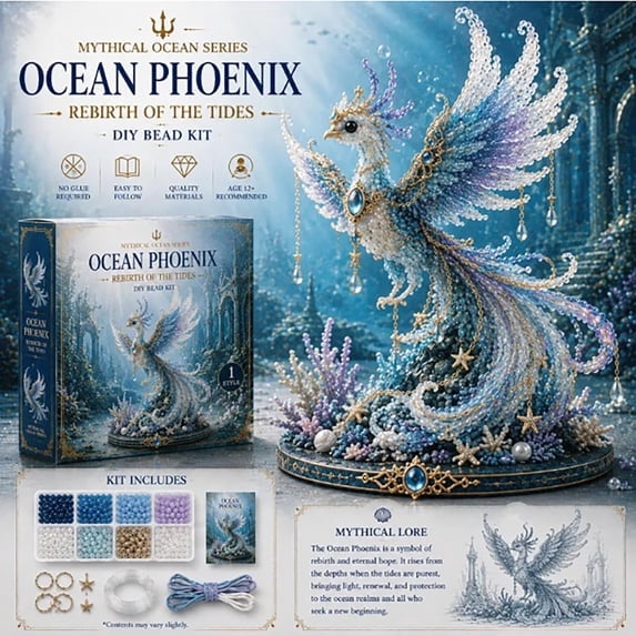 3D Beaded Mythical & Ocean Creature DIY Craft Kit - Fantasy Dragon & Sea Animal Bead Embroidery Set for Adults & Beginners, Complete Crafting Supplies with Pattern Guide(Ocean Phoenix)