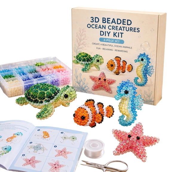 3D Beaded Ocean Creatures DIY Kit Four Piece Set with Assorted Beads Instruction Manual and Tools for Crafting Projects