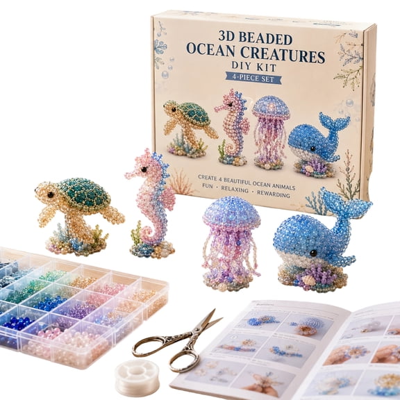 3D Beaded Ocean Creatures DIY Kit with Beads Instructions Tools and Accessories for Creating Four Animal Figures for Crafting Projects