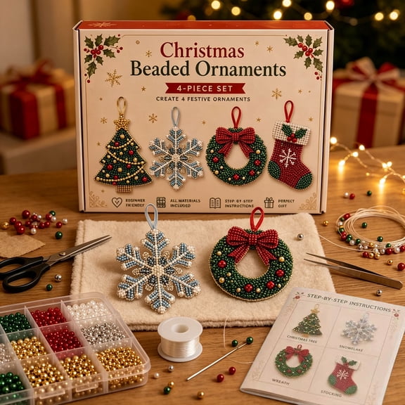 3D Beaded Ornaments Kit for Adults Beginners, 4Pcs Christmas DIY Bead Art Craft Set, Easy Beading Project with Step-by-Step Guide, Relaxing Handmade Activity for Craft Enthusiasts