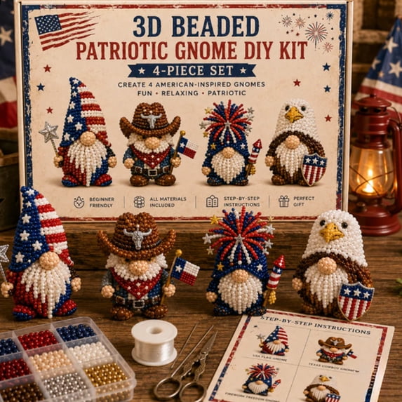 3D Beaded Patriotic Gnome Craft Kit, DIY Handmade Bead Embroidery Set with Full Materials & Instructions, 4 PCS Beadwork Craft Kit for Beginners Adults, Beaded Ornament Art Supplies & Gift