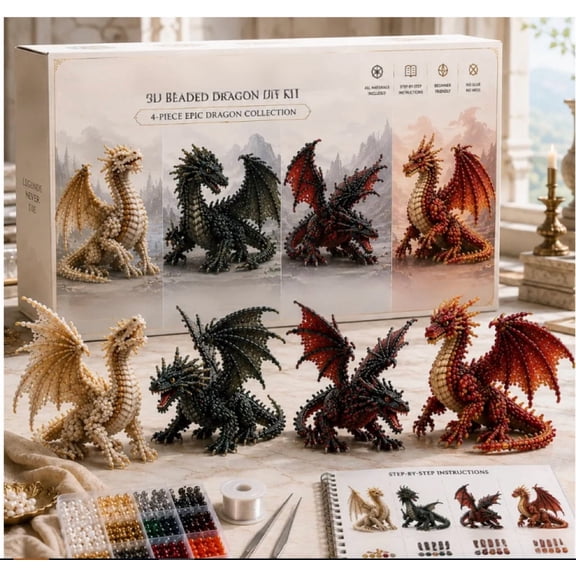 3D Beaded Pet DIY Kit – Cat Dog Beading Craft Set, Beginner Friendly Design, Handmade Kit to Create Multiple Animal Figures EPIC DRAGON