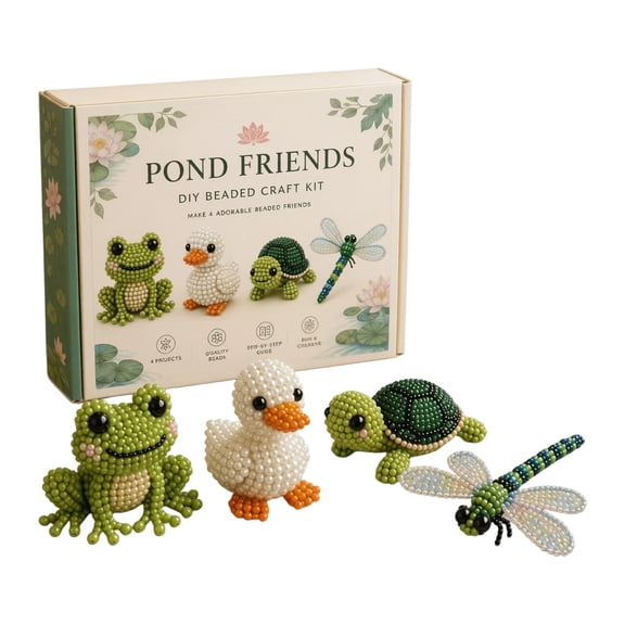 3D Beaded Pond Animals Craft Kit, DIY Beading Set with Pre-Sorted Beads, Tools & Instructions, Handmade Frog, Duck, Turtle & Dragonfly Figurines for Home Decor (L)