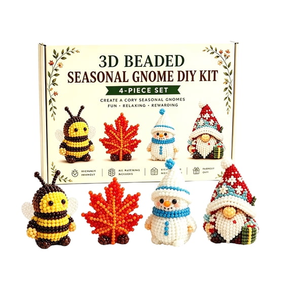 3D Beaded Seasonal DIY KIT Handmade Beading Craft Set 4 Piece Complete All Parts Included Maple Leaf Snowman Christmas Figurine Set Creative Handmade Bead Art Project for Adults(4PC)