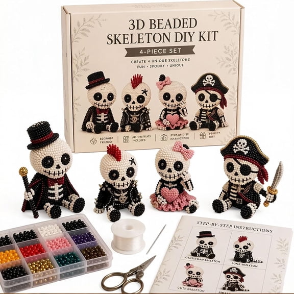 3D Beaded Skeleton DIY Kit,4 Pcs Funny Mini Skull Bead Craft Set,Halloween Spooky Handmade Art Kit for Adults Beginners DIY Enthusiasts Holiday Gift