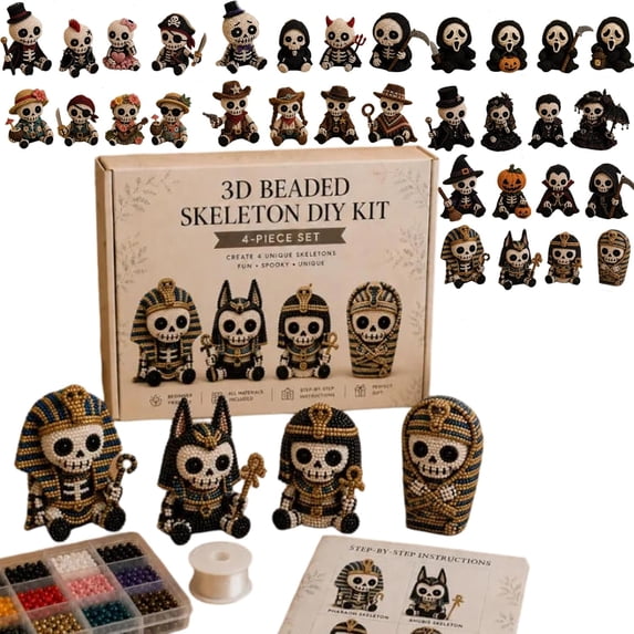 3D Beaded Skeleton DIY Kit, Cute Skeleton Bead Craft Set, Beginner Friendly Halloween Beading Set with Beads Wire Needle Instruction, Handmade Skeleton Figurine Making Kit for Home Decor Gift