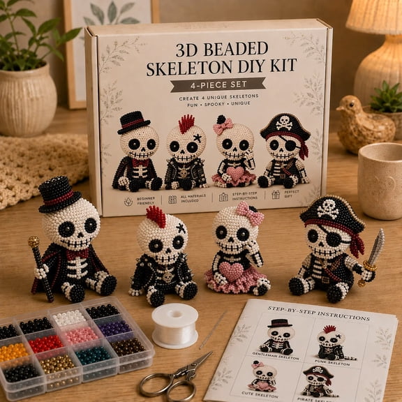 3D Beaded Skeleton DIY Kit, Cute Skeleton Bead Craft Set, Beginner Friendly Halloween Beading Set with Instruction, Handmade Skeleton Figurine Making Kit for Home Decor