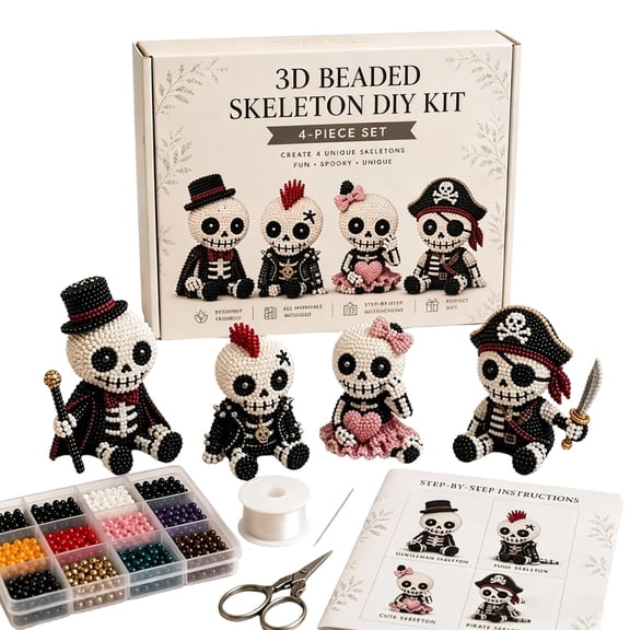 3D Beaded Skeleton DIY Kit, Petite 3D Beaded Skeleton Craft Kit and Instructions, Tiny Beading World 3D DIY Collection, Cute 4-Pack DIY Skeletons Beading Set 3D Bead Decoration Diy Kit