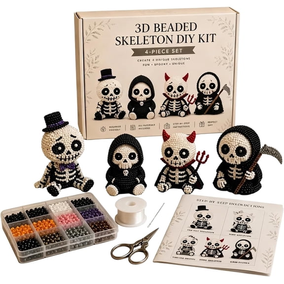 3D Beaded Skeleton DIY Kit, Petite 3D Beaded Skeleton Craft Kit and Instructions, Tiny Beading World 3D DIY Collection, Cute 4-Pack DIY Skeletons Beading Set