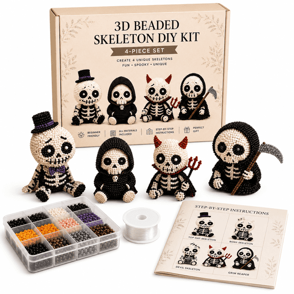 3D Beaded Skeleton DIY Kit, Tiny Beaded Animal Craft Set with Instructions, Beginner Friendly Handmade Halloween Figurine Making Kit for Home Decor and Creative Gift