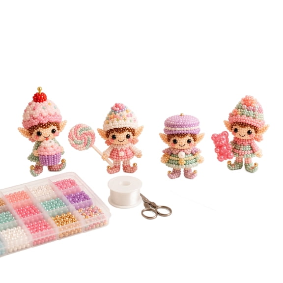 3D Beaded Sweet Candy Elf DIY Craft Kit, 4 Styles Candy Themed Sprite Bead Weaving Doll Making Supplies Set, Complete Beginner Handmade Beading Kit for Desktop Ornament & Holiday Gift (D)