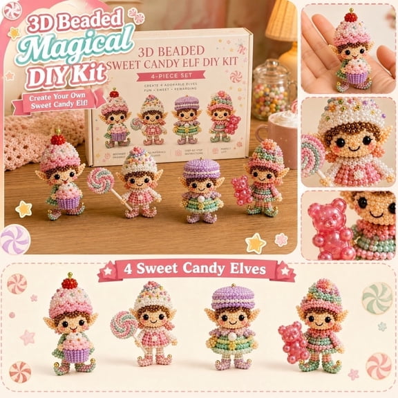 3D Beaded Sweet Candy Elf DIY Kit Bead Craft Kit with Plastic Beads and Tools to Make 4 Different Elf Figures Gift for Craft Lovers Beginners Desk Tabletop Shelf Home Decor