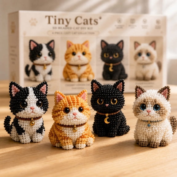 3D Beaded Tiny Cat DIY Craft Kit, 4 Styles Hand String Bead Making Set with Tuxedo Orange Black Ragdoll Kitten, Cute Pet Handmade Ornament Decor Gift for Teens Adults