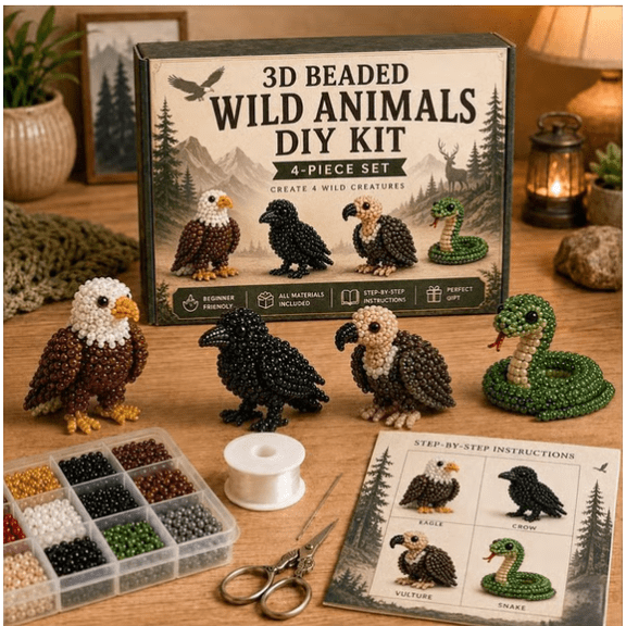 3D Beaded Wild Animals DIY Kit 4-Piece Set, Eagle Crow Vulture and Snake Handmade Beading Project, Nature Inspired Creature Crafting Kit for Enthusiasts