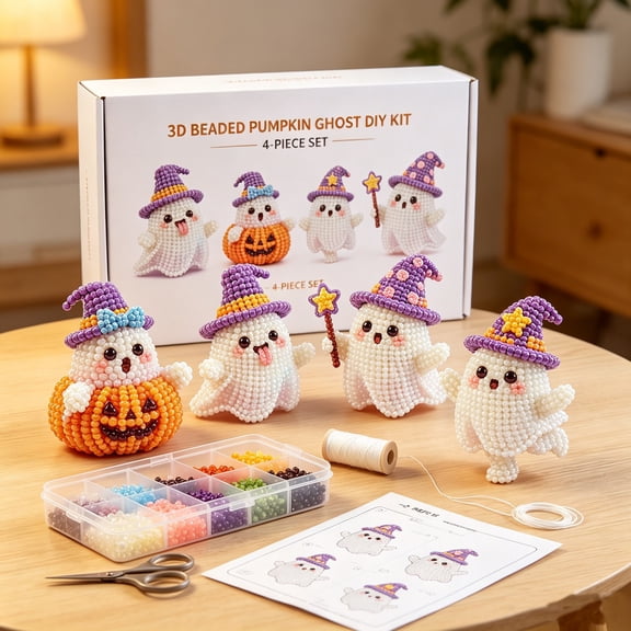 3D Beaded Witch Hat Ghost DIY Kit, 2.4 Inch Spooky Fun Figurine, Beginner Friendly Craft Set, Halloween Home Decor Gift