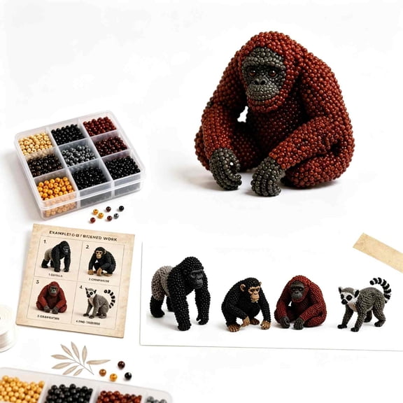3D Beading Kit Primate Animals - Gorilla Monkey Bead Pets DIY Craft Kit, Beginner Friendly Beadwork Set, Pre-Sorted Beads with Instructions, Arts and Crafts Hobby Project for Adults (B)