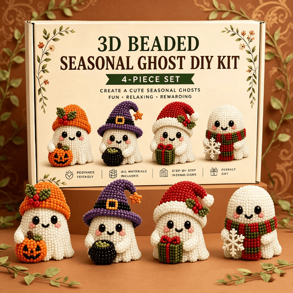 3D Beadwork Craft Kit, Halloween Ghost Shaped Beaded Animal Set, Complete DIY Beading Kit with Instructions for Beginners