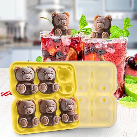 3D Bear Ice Cube Mold, Large Ice Cube Tray with Lid for Cocktail Whiskey Bourbon, Teddy Bear Ice Cube Trays for Freezer Fun Shape, Big Ice Molds Cute Candies Chocolate Mold, Yellow