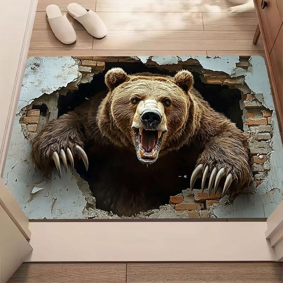 3D Bear Wall Breaking Print Flannel Floor Mat, Non Slip Washable Soft Area Rug for Bedroom Living Room Entry Home Decor