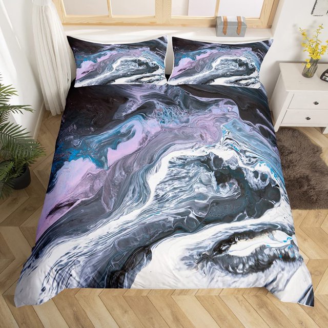 3D Bedding Set Duvet Cover Pillowcase Nordic Marble Pattern White Pink