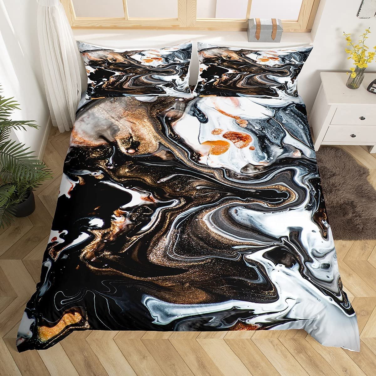 3D Bedding Set Duvet Cover Pillowcase Nordic Marble Pattern White Pink