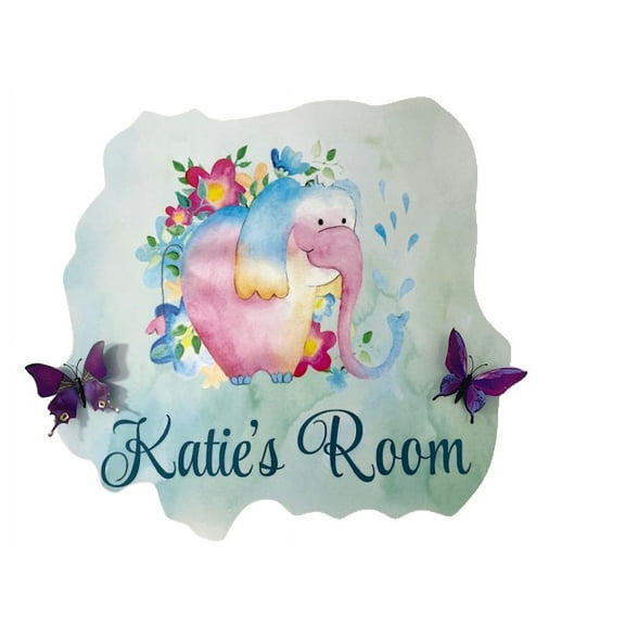 3D Bedroom Wall Decal Sticker For Boys Custom Designs With 3D Butterfly Watercolor Cute Elephant With Floral Wreath - Easily Applied And Removable - Size: 26 In X 14 In