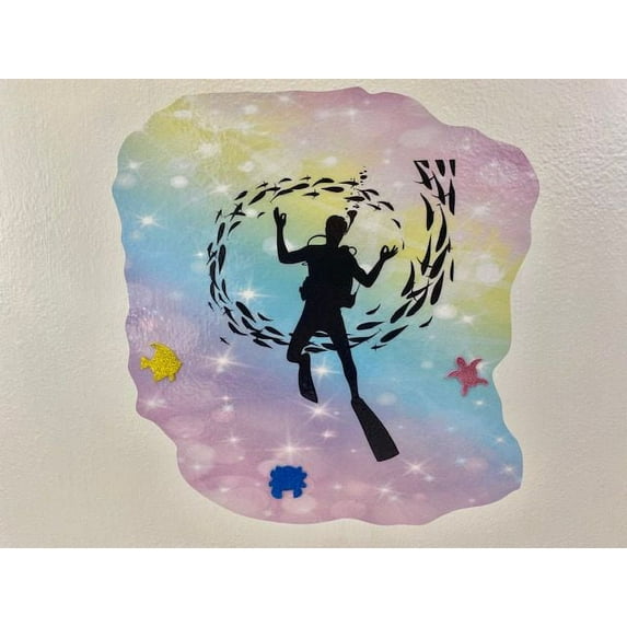 3D Bedroom Wall Decal Sticker For Boys Custom Designs With 3D Fish Cute 3D Sea Creatures On Sleek Watercolor Design - Easily Applied And Removable - Size: 26 In X 26 In