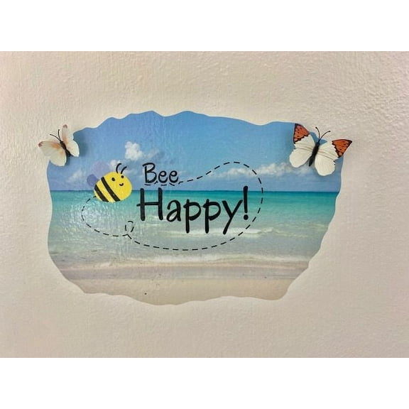 3D Bedroom Wall Decal Sticker For Unisex Custom Designs With 3D Butterfly Cute 3D Butterflies With Honey Bees At Beach - Bee Happy Easily Applied And Removable - Size: 30 In X 24 In