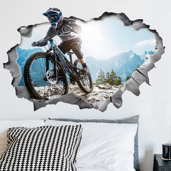 3D Bicycle Motocross Wall Decals Mountain Bike Wall Stickers Break Through The Walls Art Murals Peel and Stick Adhesive Sticker for Livingroom Bedroom Kids Room Outdoor Sport Lover Colorful