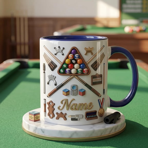 3D Billiards Pool Game Mug, Cue Stick Coffee Cup, Game Night Drinkware