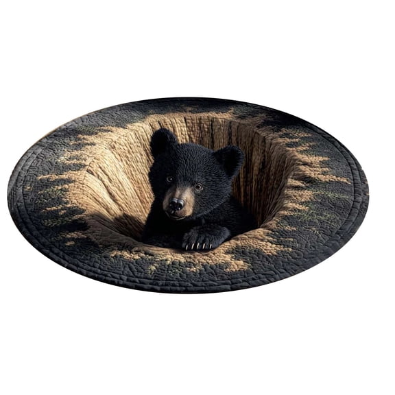 3D Black Bear Round Area Rug Tree Ring Rugs Rustic Wood Texture Print Floor Mat Circle Annual Carpet for Home Offices Decor(24 inch)