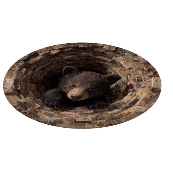 3D Black Bear Round Area Rug Tree Ring Rugs Rustic Wood Texture Print Floor Mat Circle Annual Carpet for Home Offices Decor(32 inch)
