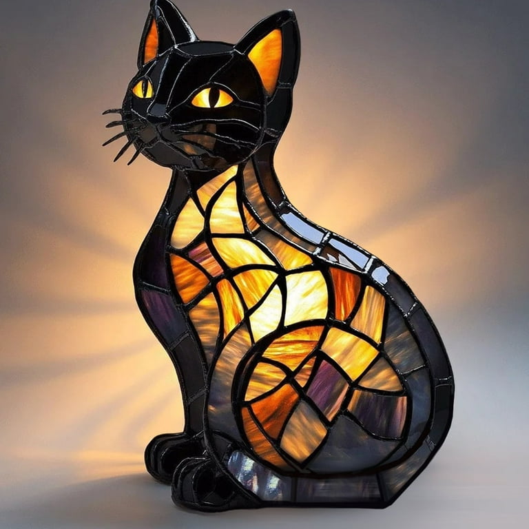 3D Black Cat Table Lamp, Retro Stained Animal Night Light Lamp