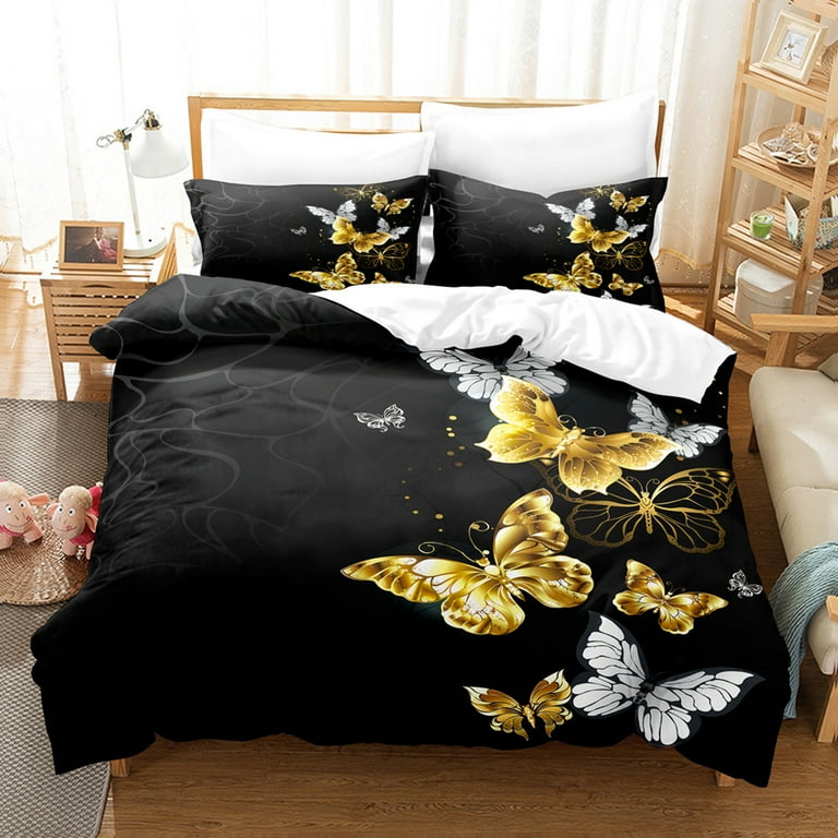 3D Black Gold Butterfly Bedding Full Duvet Cover Set Dreamy Butterfly Set for Girls and Women Soft Breathable Fade Resistant