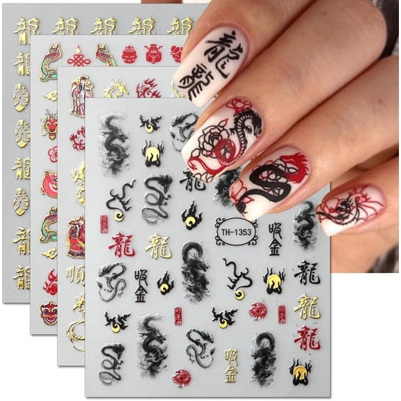 3D Black Gold Dragon Nail Art Stickers for Nail Designs Ink Dragon Nail Stickers for Women Nail Decals for Nail Art Chinese Character Mahjong Dragon Stickers for Nails Decor New Year Nail Decorations