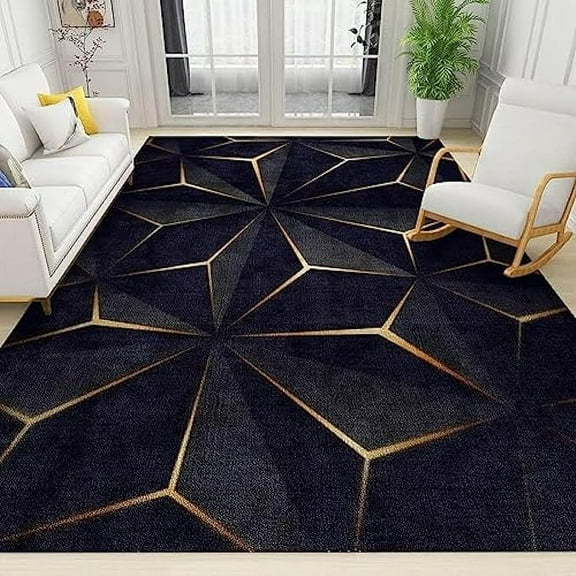3D Black Gold Geometric Area Carpet, Modern Luxury Geometric Entryway Rug, Shed Resistant Pet Friendly Easy Clean Rugs, Soft Foldable Carpets For Indoor Dorm Living Room 5'3" x 6'7"