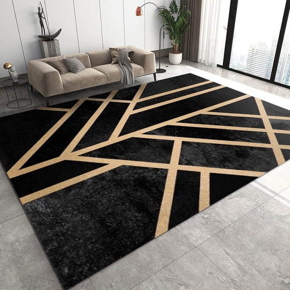 3D Black Gold Marble Area Rugs, Yellow Geometric Retro Lines Irregular Bedroom Rug, Non-Slip Mat Soft and Comfortable Light Texture Apply to Dorm Room Office Family and Pet 3x4ft