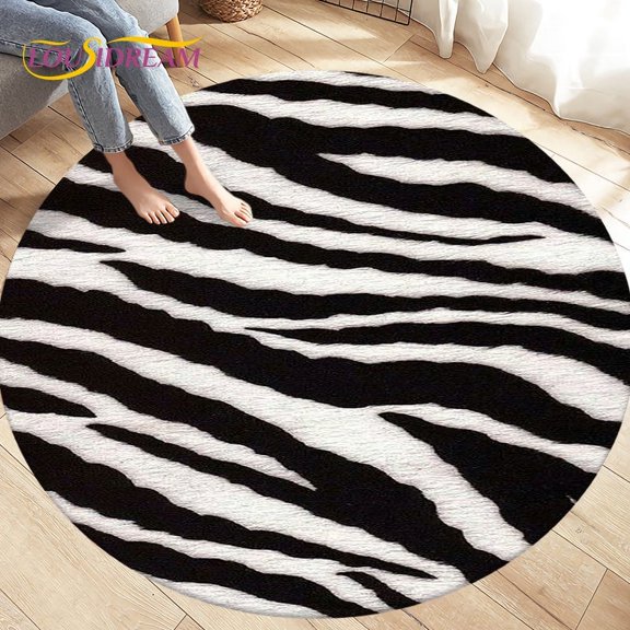 3D Black White Print Zebra Pattern Area Rug Round Carpet Rug for Living Room Bedroom Sofa ration Kid Play Non-slip Floor Mat
