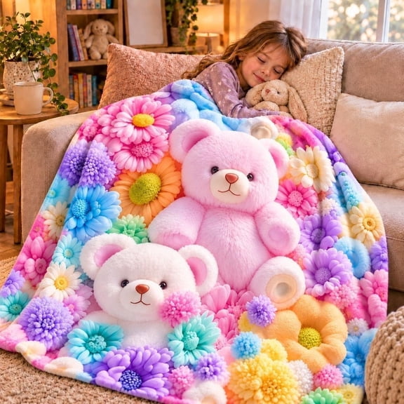 3D Blanket, Teddy Floral Print Fluffy Throw with Colorful Bear Design for Home Decor