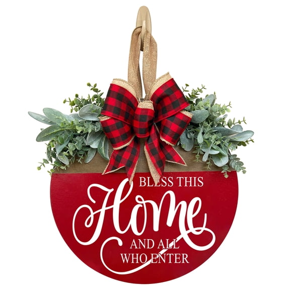 3D Bless This Home and All Who Enter Welcome Door Hanger, 12 Inch Farmhouse Wooden Front Door Sign with Faux Greenery & Buffalo Plaid Bow, Rustic Entryway Decor, Year-Round Door Decoration (Red)