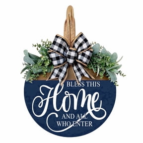 3D Bless This Home Front Door Sign, 12 inch Wooden Farmhouse Door Hanger with Faux Greenery and Buffalo Plaid Bow, Rustic Welcome Decor, Blue