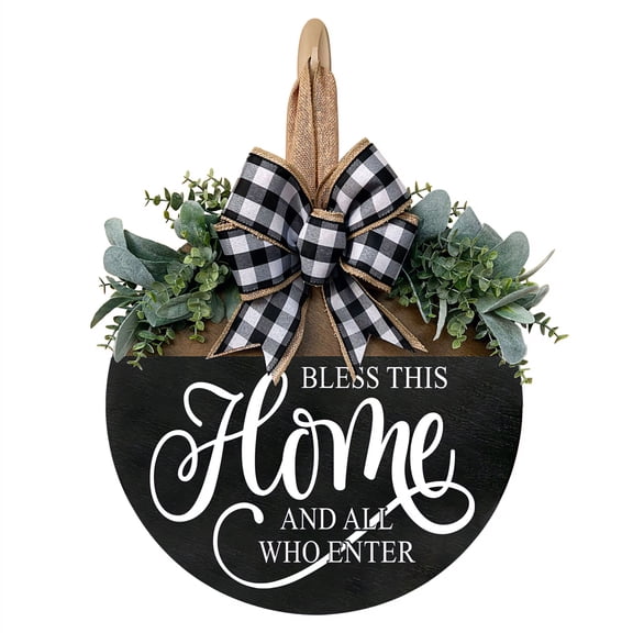 3D Bless This Home and All Who Enter Welcome Door Hanger, 12 Inch Farmhouse Wooden Front Door Sign with Faux Greenery & Buffalo Plaid Bow, Rustic Entryway Decor, Year-Round Door Decoration (Black)