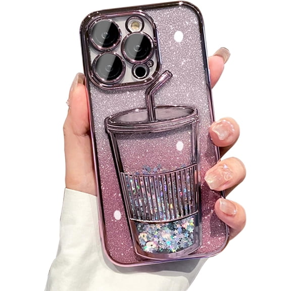3D Bling Sparkle Plating Juice Bottle Designer Phone Case Compatible with iPhone 15, Cute Liquid Floating Gradient Glitter Quicksand Cup Phone Case Cover with Camera Protection for Women - Pink