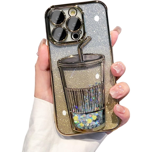 3D Bling Sparkle Plating Juice Bottle Designer Phone Case Compatible with iPhone 15, Cute Liquid Floating Gradient Glitter Quicksand Cup Phone Case Cover with Camera Protection for Women - Gold