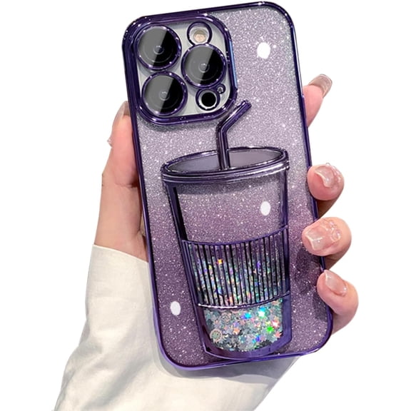 3D Bling Sparkle Plating Juice Bottle Designer Phone Case Compatible with iPhone 15 Pro Max, Cute Liquid Floating Gradient Glitter Quicksand Cup Phone Case with Camera Protection for Women - Purple